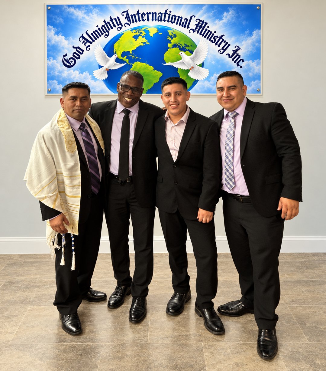 Los cuatro pastores frente al letrero de God Almighty International Ministry, Inc.